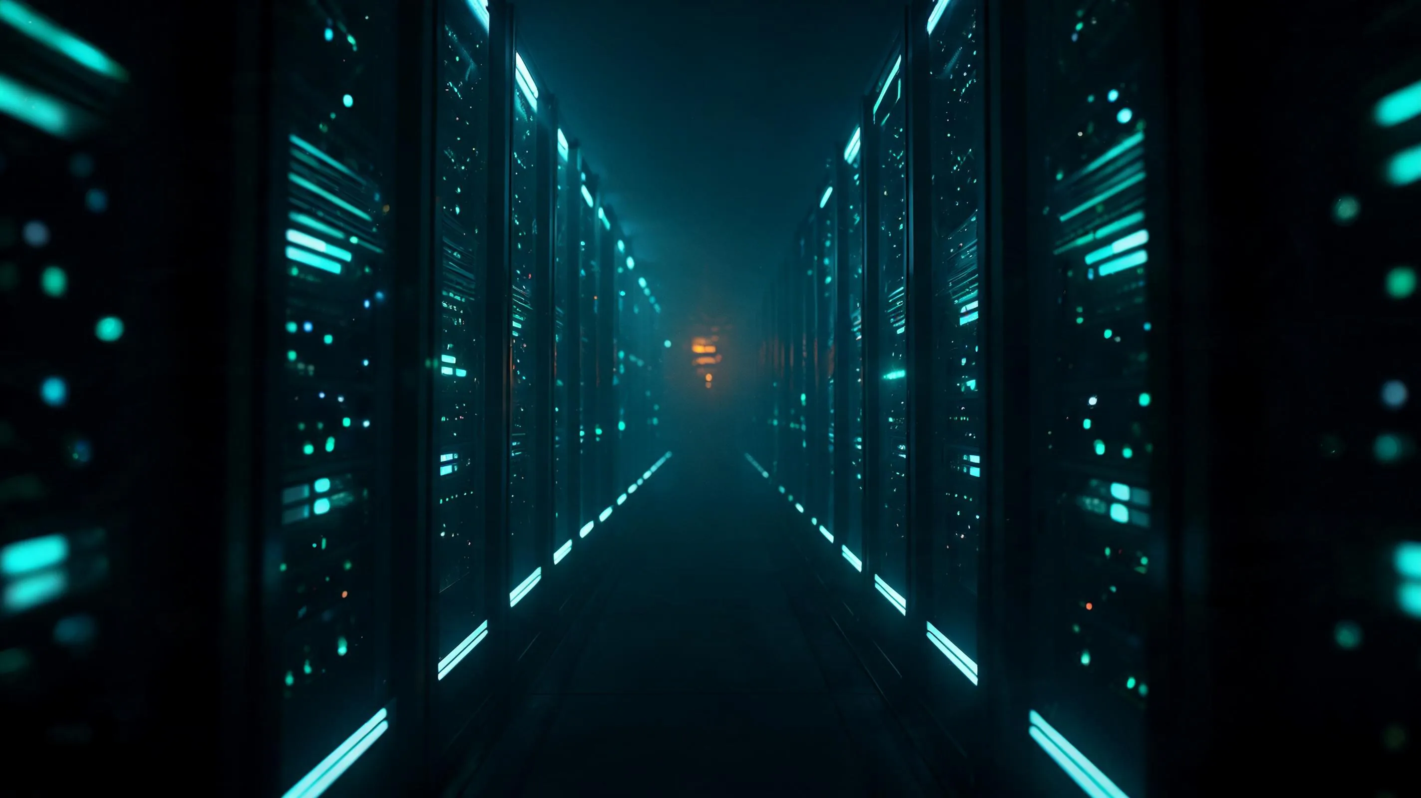 Darkened data centre aisle lit by cool blue server indicators